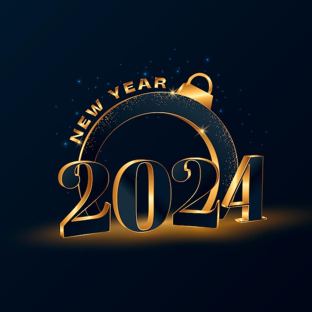 Número de ouro 3d do ano novo 2024 com bola de natal em composição de números de feriado de fundo escuro