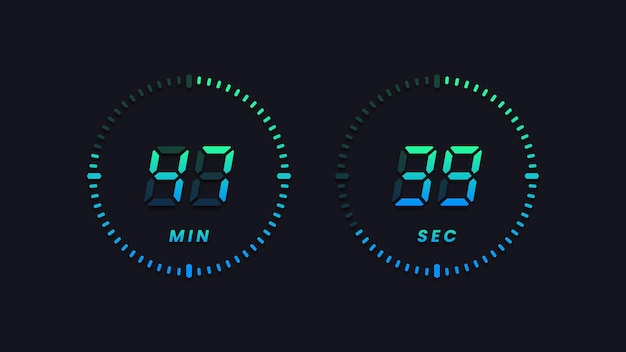 Vetor número digital do relógio, contagem regressiva, minutos, segundos, cronômetro