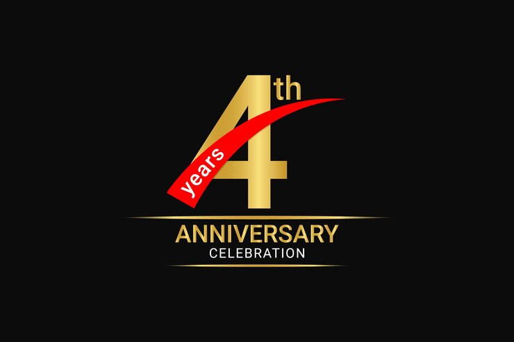 Vetor número dourado do aniversário de 4 anos e fita vermelha com design de banner.