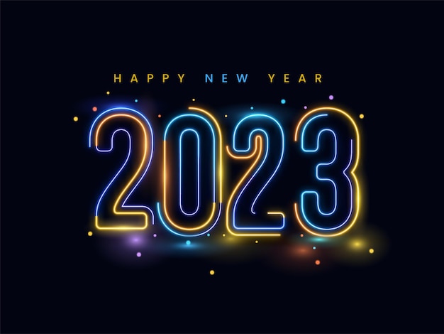 Número neon light 2023 contra fundo azul escuro para feliz ano novo conceito