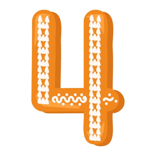 Número quatro feito de pão de gengibre vitrificado símbolo de fonte festiva de feliz ano novo e sinal de natal e numeral de formas diferentes ilustração plana em vetor