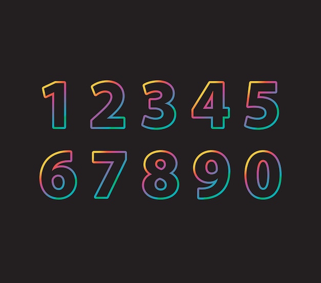 Número zero a nove gradiente colorido cores vibrantes arco-íris fundo preto