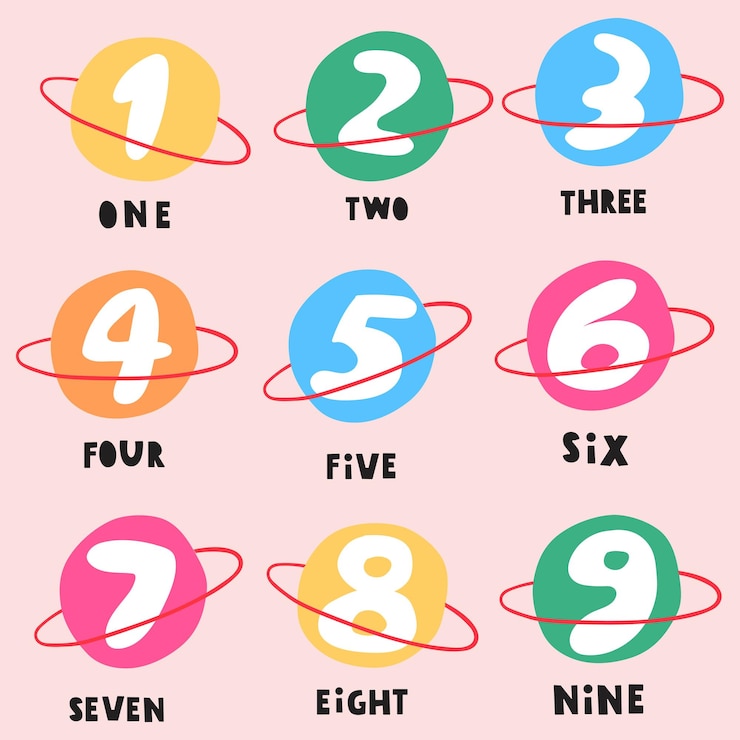 Vetor números 1 9 aprender a contar para crianças ilustração de design vetorial fundo rosa