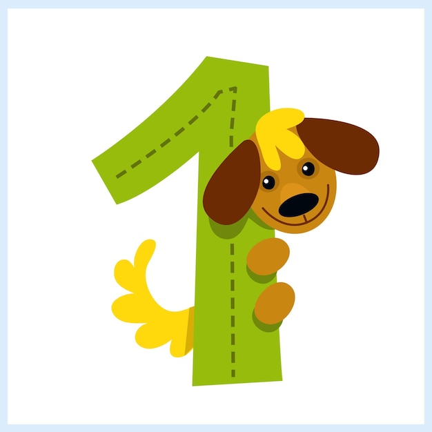 Vetor números da ilustração dos desenhos animados com animais número um com um cachorro