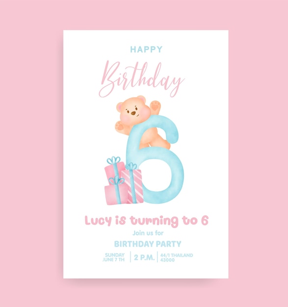 Números de aniversário com fofo urso de pelúcia para cartão de convite de festa de aniversário.