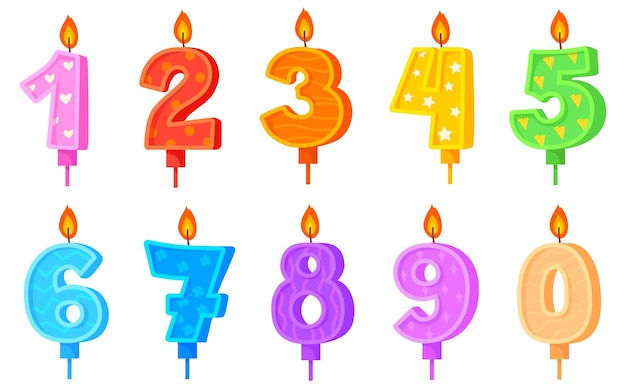 Vetor números de aniversário vela número de aniversário para decoração de festa bolo de celebração velas de cera férias à luz de velas comemorar aniversário nascimento vetor de desenho animado engraçado imagem pura