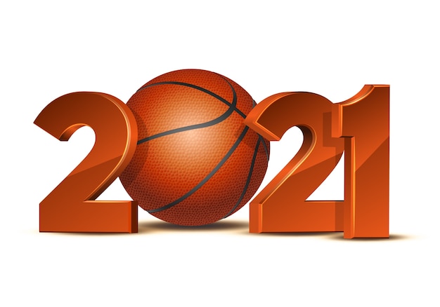 Números de ano novo 2021 com bola de basquete isolada no fundo branco.