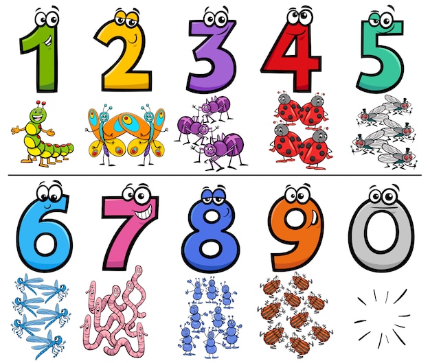 Números de desenhos animados educacionais conjunto com caracteres de insetos