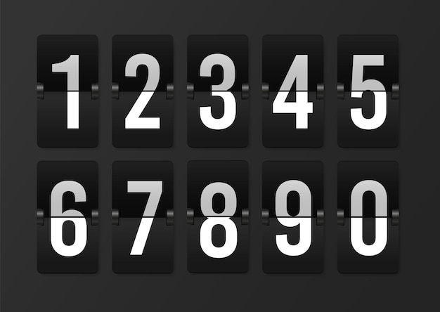 Números de placar de contagem regressiva calendário realista de vetor de pontuação flipboard de aeroporto retrô mecânico maquete de contador