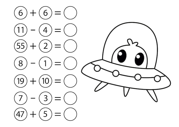 Números de subtração e adição de jogos de matemática infantil livro de colorir com disco ufo alienígena mini tarefa