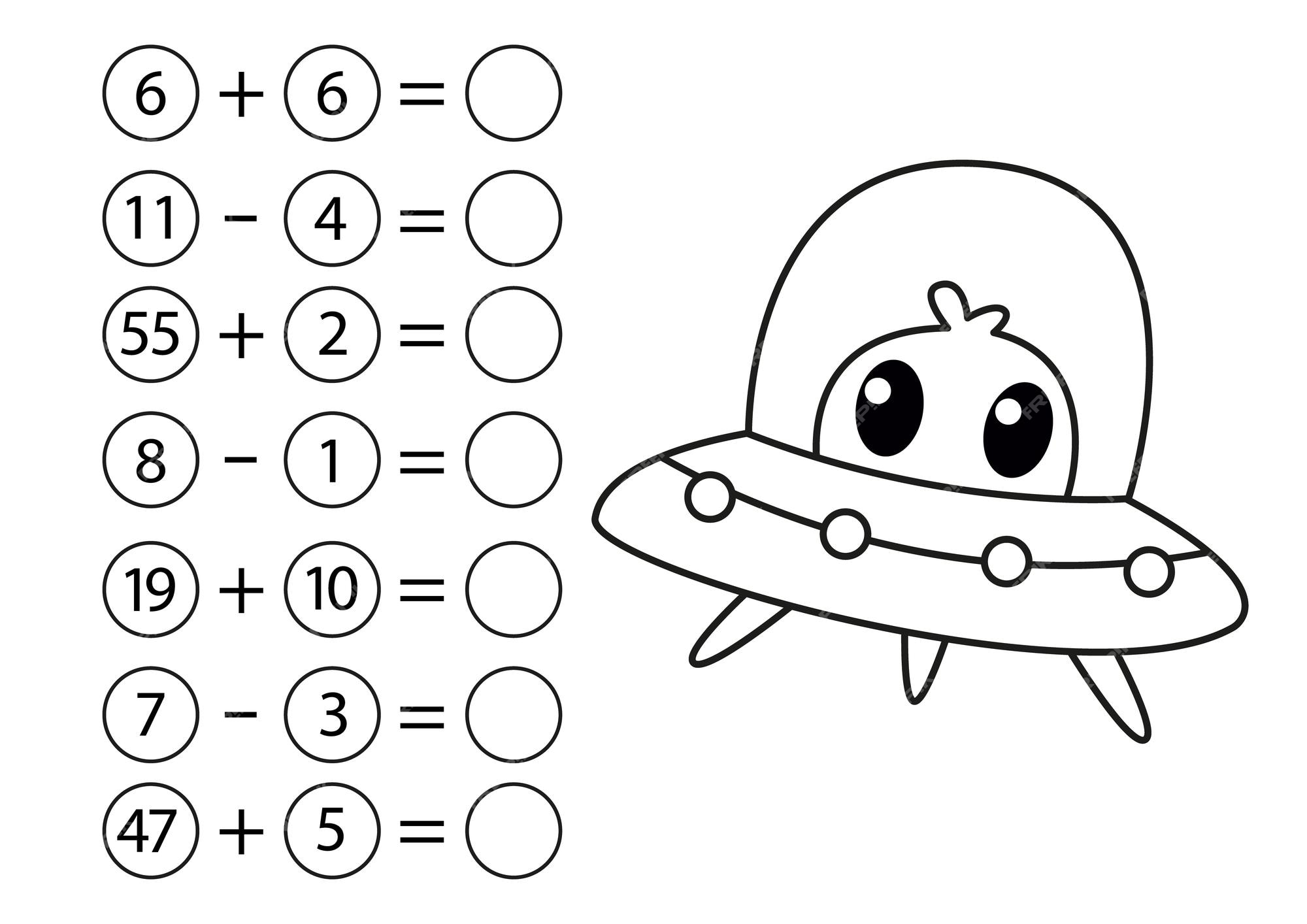 Números de subtração e adição de jogos de matemática infantil livro de  colorir com disco ufo alienígena mini tarefa