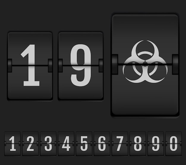 Números do alfabeto de placar mecânico quarentena Coronavirus e conceito de risco biológico