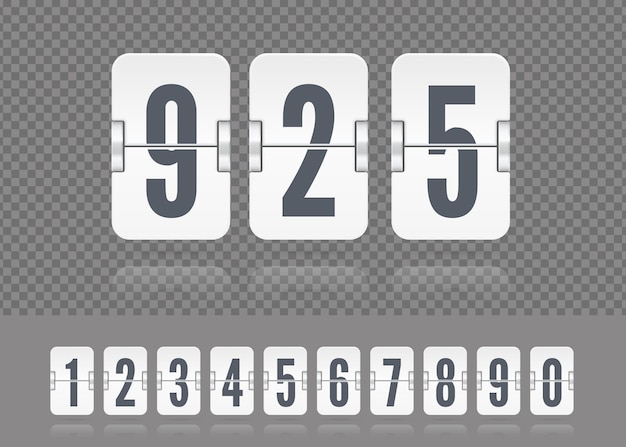 Vetor números do placar de vetor branco flutuando com reflexos. tamplate para cronômetro de contagem regressiva flip ou calendário em fundo escuro ou seu design.