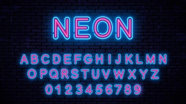 Vetor números e letras maiúsculas de néon, alfabeto brilhante.
