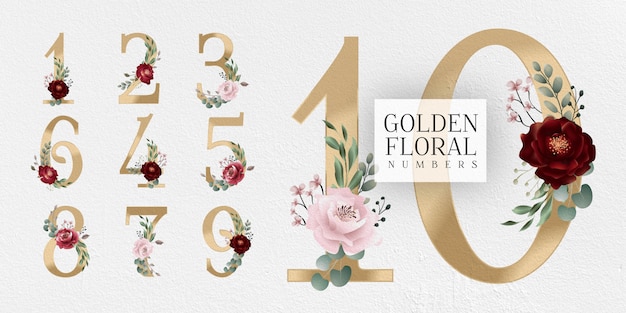 Números florais dourados da borgonha