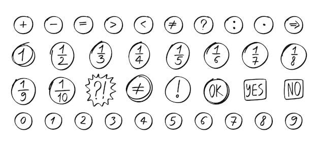 Números matemáticos rabiscados contorno de ícone desenhado à mão desenhando números matemáticos e frações em linha de matemática