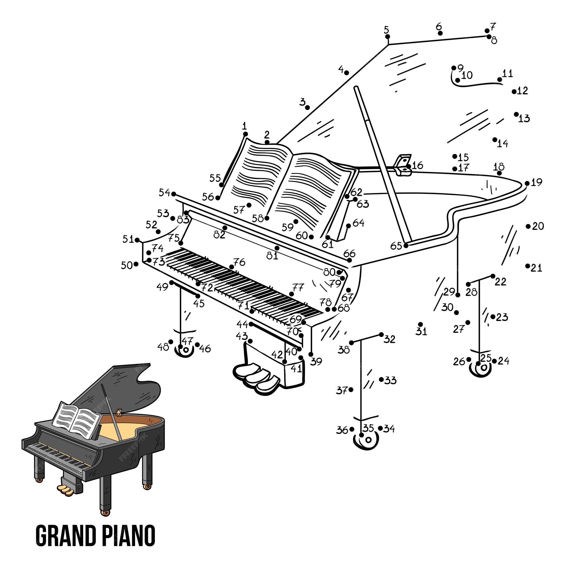 Números ponto a ponto jogo para crianças instrumentos musicais piano de  cauda