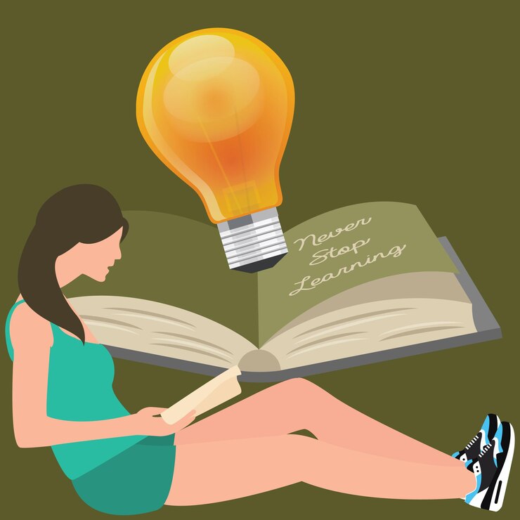 Vetor nunca para de aprender. a rapariga lê um livro. a lâmpada brilha.