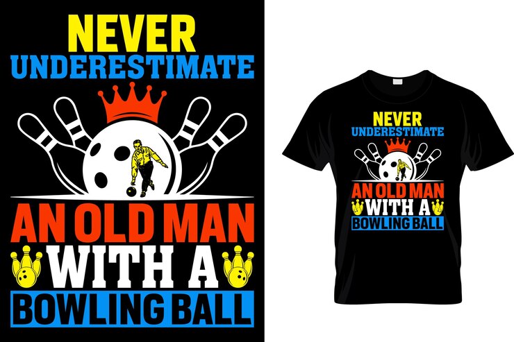 Vetor nunca subestimes um velho com uma bola de bowling uma camiseta de bowling