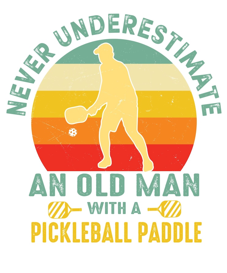 Vetor nunca subestimes um velho com uma camiseta de pickleball.
