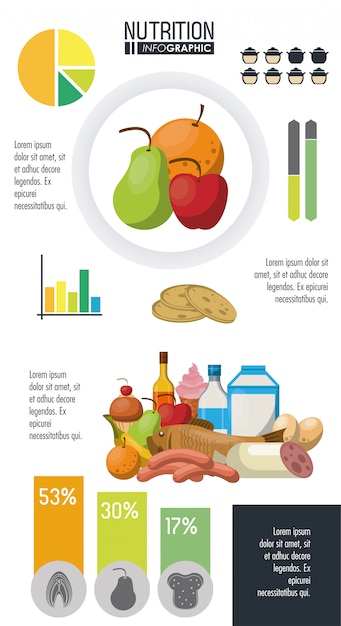 Vetor nutrição e comida infográfico com estatísticas e elementos