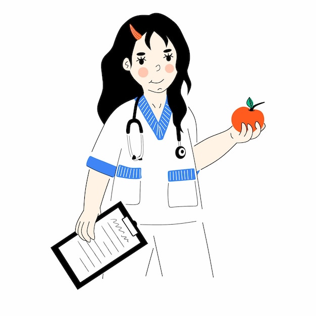 Vetor nutricionista feminina com estetoscópio e maçã em fundo branco
