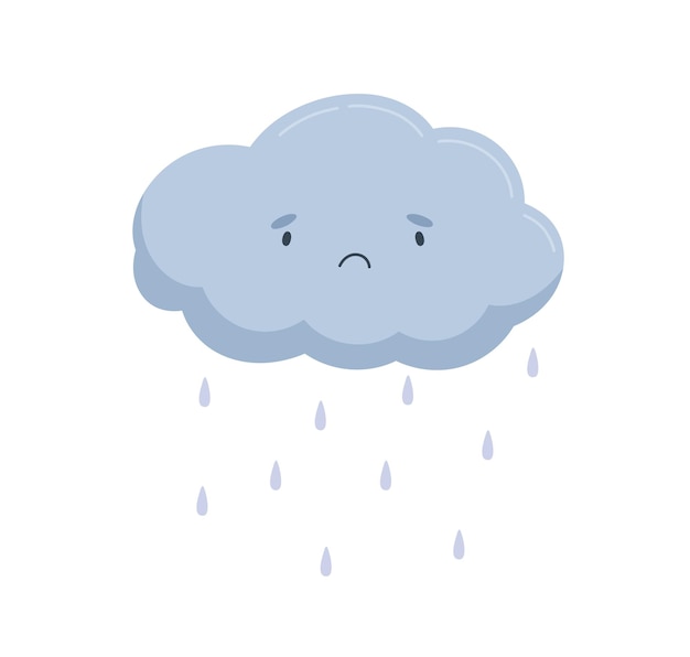 Nuvem bonita com cara triste e gotas de chuva caindo. Ícone de tempo chuvoso com pingos de chuva. Personagem de bebê engraçado. Ilustração em vetor plana colorida infantil isolada no fundo branco.