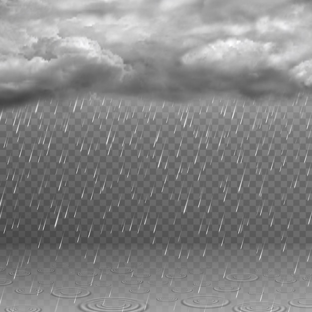 Nuvem de chuva realista. Céu escuro e tempestuoso, gotas de água caindo, nuvens e ondulações em poças. Fundo do vetor isolado do efeito do tempo chuvoso
