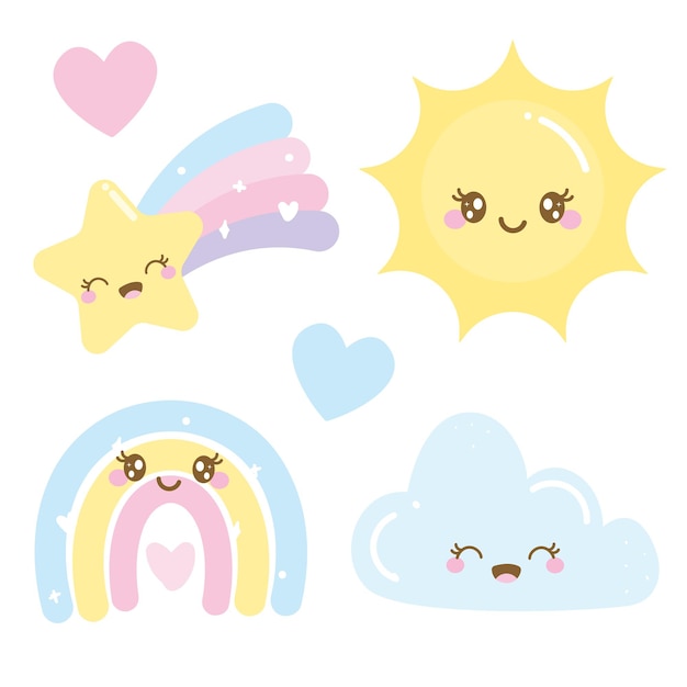 Nuvem de sol feliz arco-íris infantil estilo kawaii