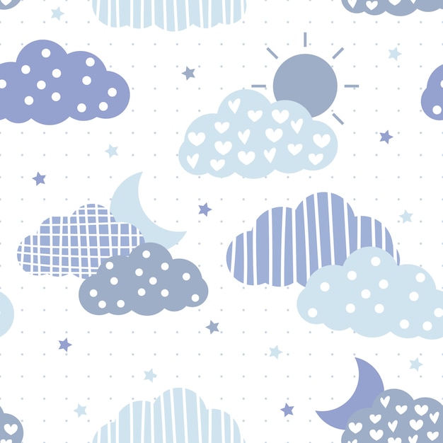 Nuvem de tema azul bonito e céu dos desenhos animados padrão sem emenda
