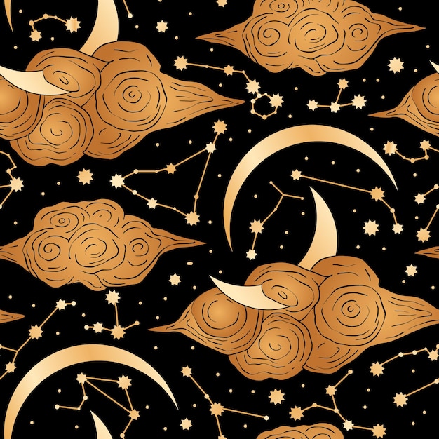 Nuvem lua escura noite estrelada magia dourada constelação astronomia astrologia padrão sem costura