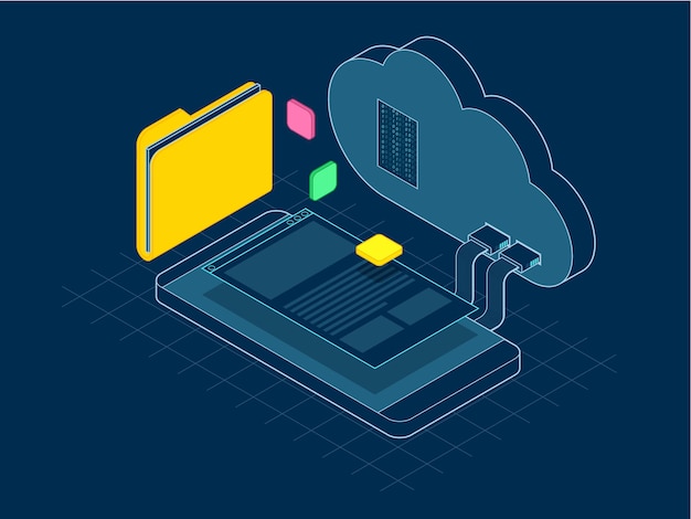 Nuvem móvel isométrica, armazenamento em nuvem ou transferências de dados no conceito de internet. aplicativo enterprise resource planning na tela do smartphone conectando dados com computação em nuvem. ilustração em vetor linha.