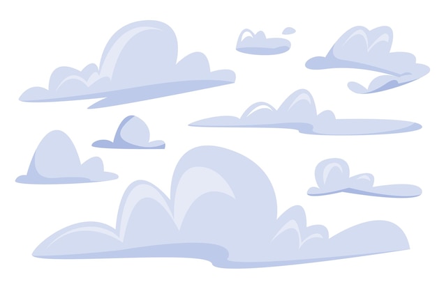 Vetor nuvens azuis isoladas no fundo do céu branco, arte de conjunto de clipart vetorial