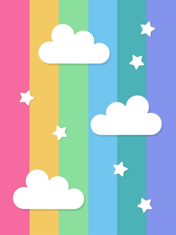 Nuvens brancas e estrelas em um fundo de arco-íris Papel de parede do arco-íris Ilustração plana simples do vetor