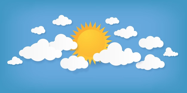 Nuvens cortadas em papel origami cloudscape sol e formas nubladas em fundo azul aplique mínimo criativo maquete de previsão do tempo ensolarado céu diurno de verão vector ilustração natural