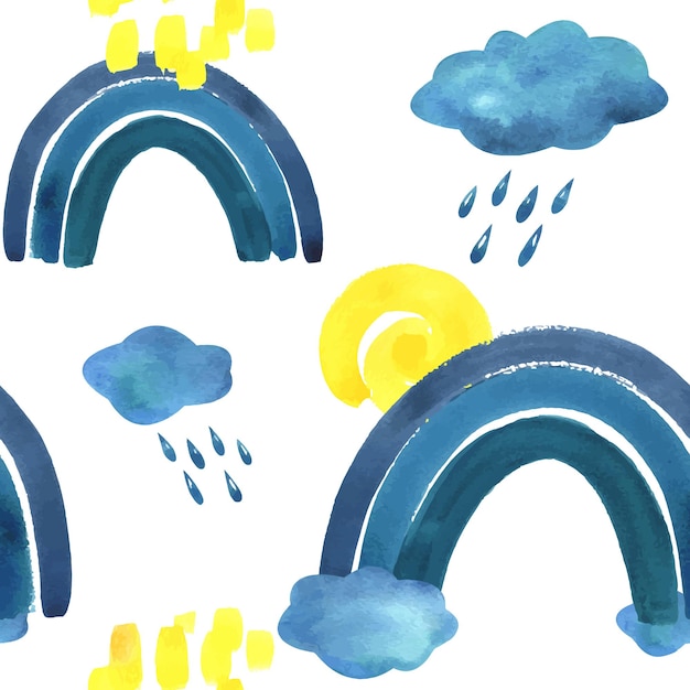 Nuvens de arco-íris azul turquesa com gotas de chuva e sol espiral amarelo ilustração de aquarela de mão