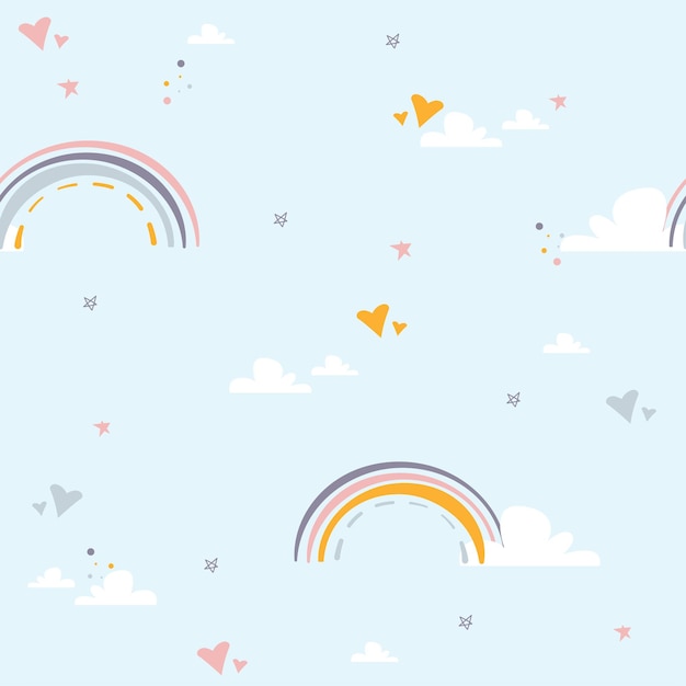 Nuvens de arco-íris infantis coloridas e padrão perfeito de corações para interiores de quarto de crianças de berçário