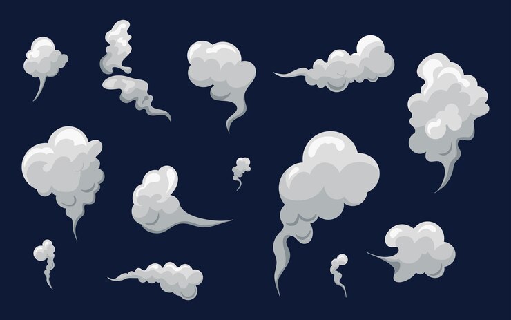 Nuvens de cheiro de fumaça em desenhos animados Clipart isolado de nevoeiro brancoSopro de poeira de fumaça de vapor de vento Vetor