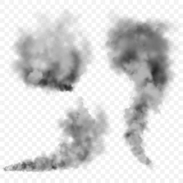 Vetor nuvens de fumaça preta realistas fluxo de fumo de objetos em chamas vetor de efeito de névoa transparente