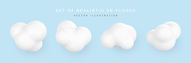 Nuvens de plástico 3d conjunto de nuvens fofas de desenho animado isoladas em um fundo azul ilustração vetorial