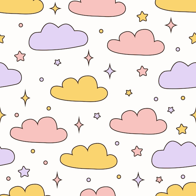 Nuvens e estrelas do céu de desenho infantil bonito padrão vetorial em tons pastel sobre fundo branco