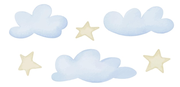 Vetor nuvens e estrelas ilustração de aquarela do céu clipart de bebê bonito desenhado à mão em fundo isolado esboço em estilo infantil simples para adesivos de arte na parede do berçário e design de pijama de crianças