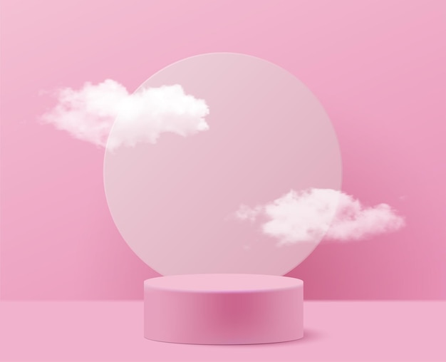 Nuvens fofas brancas realistas e pódio do produto com um círculo no fundo rosa. Mock-up para o seu design. Ilustração vetorial