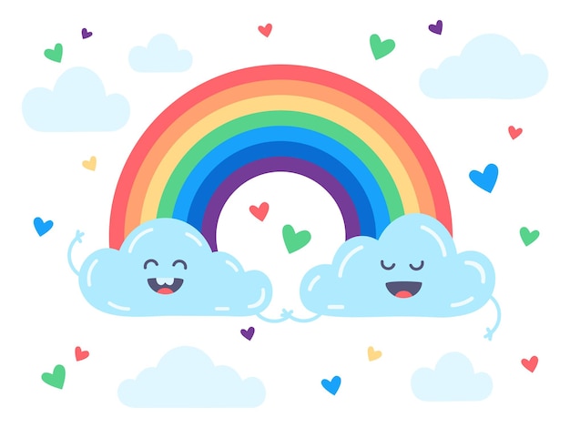 Vetor nuvens fofas e ilustração plana de arco-íris