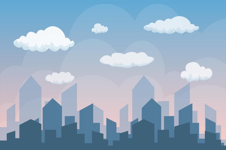 Vetor nuvens na ilustração vetorial de céu azul horizonte da cidade de manhã edifícios silhueta cidade grande paisagem urbana plana com céu azul nuvens brancas céu azul plano nuvens brancas