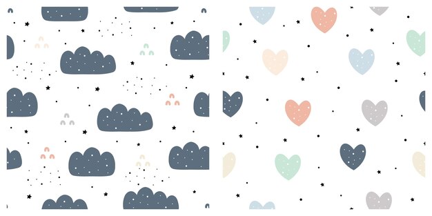 Nuvens pastel desenhadas à mão e corações padrões fofos e perfeitos para crianças Design para papel de parede wrappi