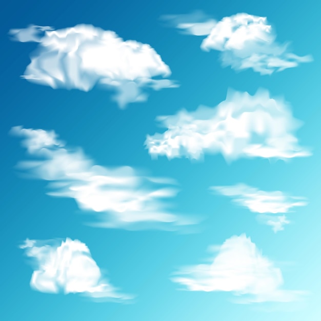 Vetor nuvens realistas definidas nuvem branca céu azul ilustração vetorial panorâmica