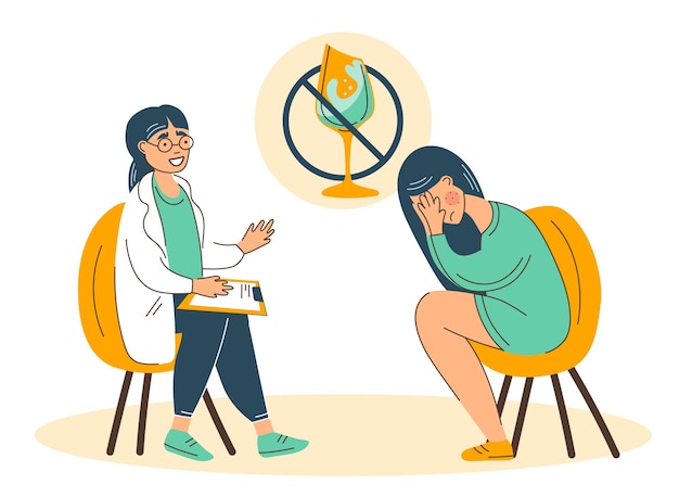 O abuso de álcool e a depressão causam o problema do alcoolismo na mulher. Ajuda do médico psicólogo ouvindo o cliente na clínica