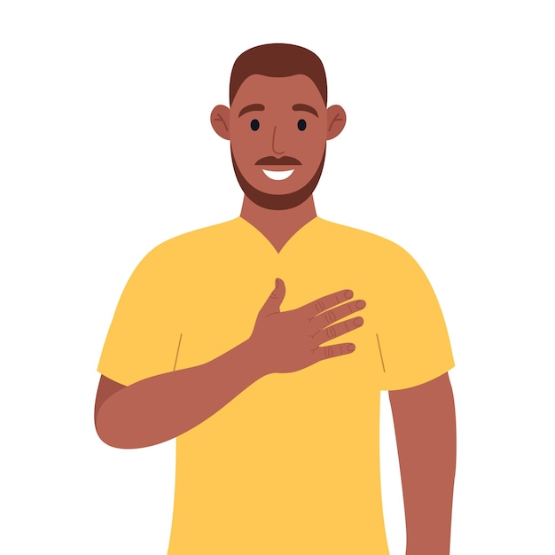 O afro-americano expressa seu sentimento positivo para que as pessoas mantenham a mão no peito ou no coração ilustração em vetor