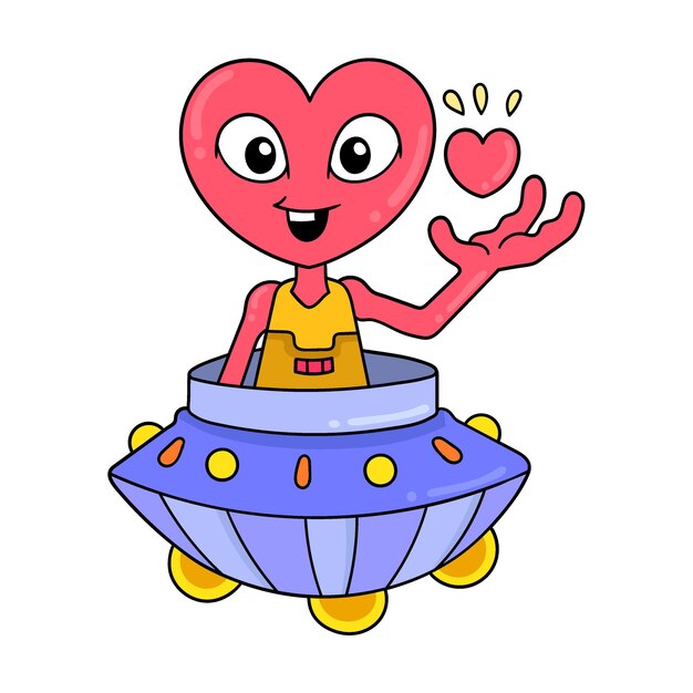 Vetor o alienígena com cabeça de amor está apaixonado voando em uma imagem de ícone de doodle de ufo pesawat kawaii